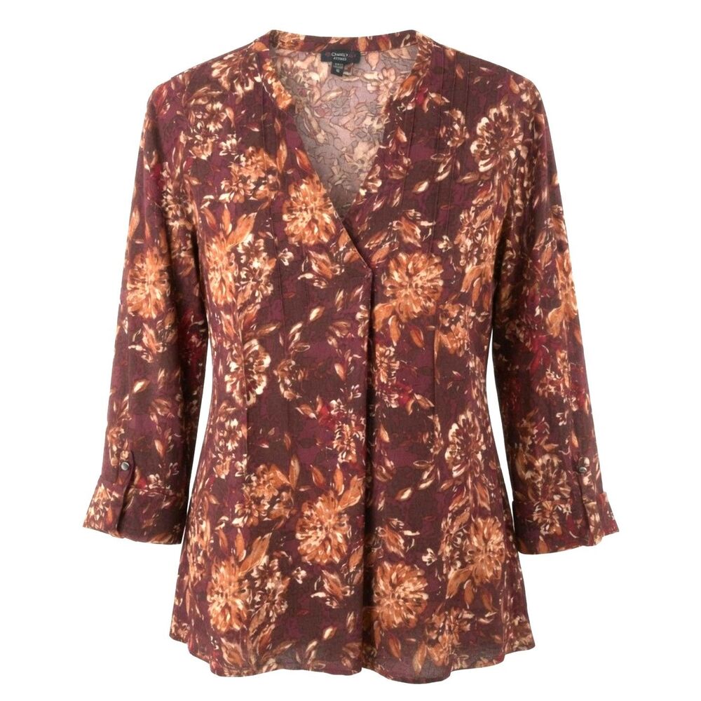 Cocomo Plus Size 1X Burgundy Multi Color Floral Print Pintuck 3/4 Sleeve Top